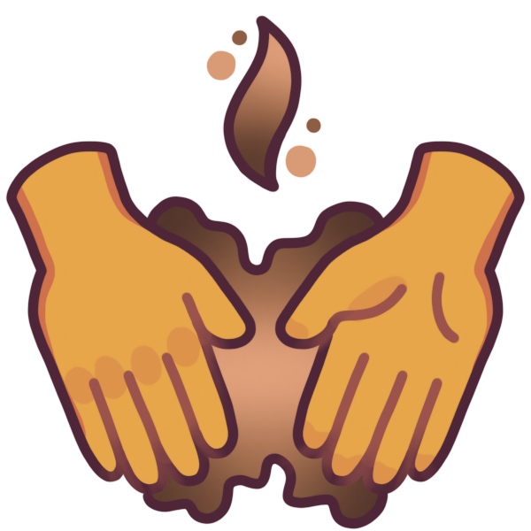 two hands held near each other, connected by a blob which is colored in a gradient of human skin tones. Above the hands is a smoke-like shape and four dots, which are colored in the same way.